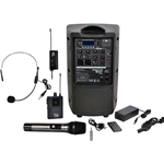 Galaxy Audio TQ8X-GTU-HSP5AB, 8" woofer, 1 dual receiver, 1 handheld transmitter, 1 bodypack transmitter with headset, battery powered